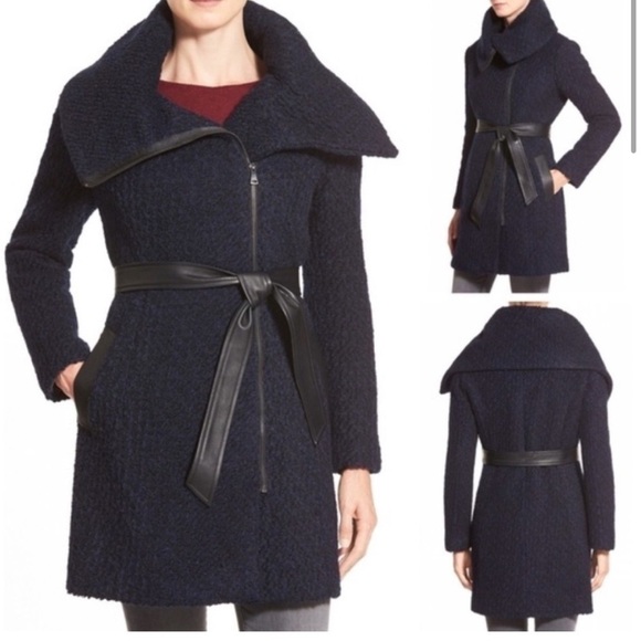 Cole Haan Signature wool blend Navy/Blue boucle Pea Coat oversized collar sze 14 - Picture 2 of 12